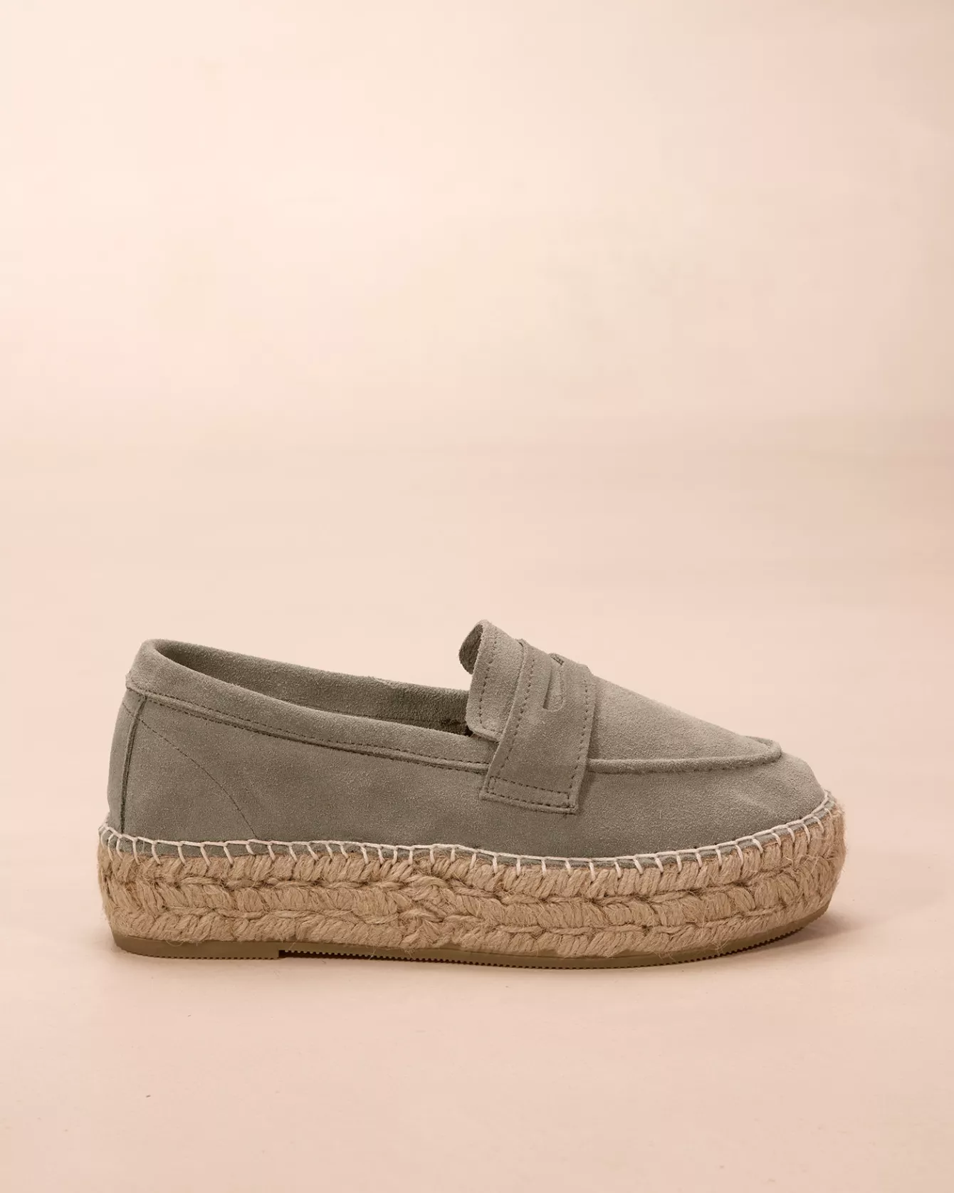 LONDON — Mocassin espadrille à semelle tressée en cuir velours - Amande