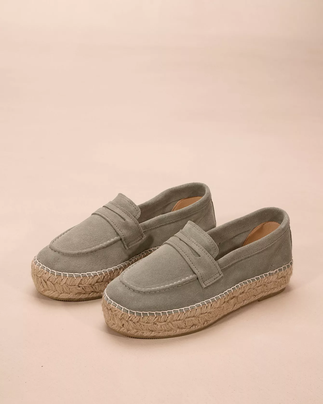 LONDON — Mocassin espadrille à semelle tressée en cuir velours - Amande