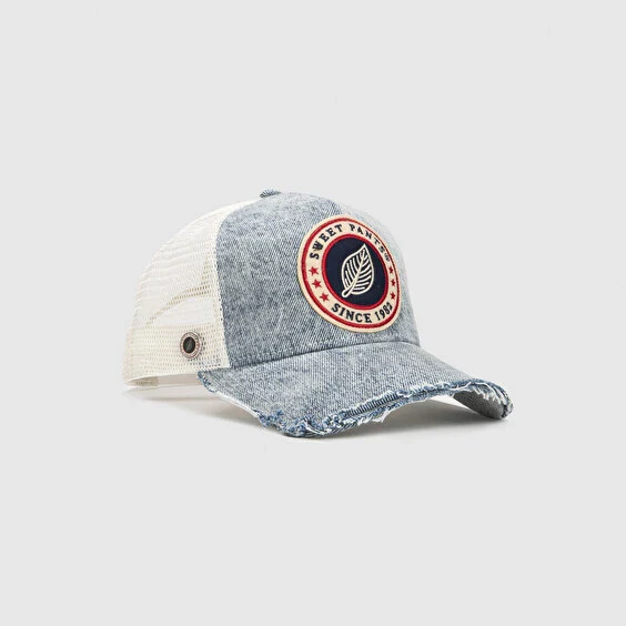 HOME RUN DENIM — Casquette bi-colore en coton et filet, visière imprimée